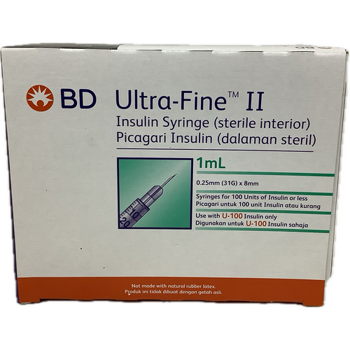 BD Ultra-Fine II Insulin Syringes 1mL 0.25mm (31G) x 8mm 100 Pack