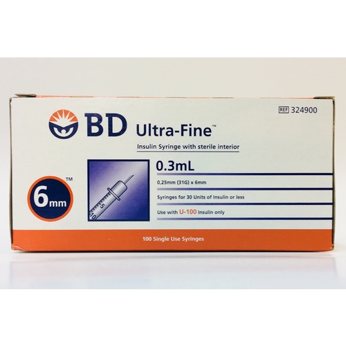 BD Ultra-Fine Insulin Syringes 0.3mL 0.25mm (31G) x 6mm 100 Pack