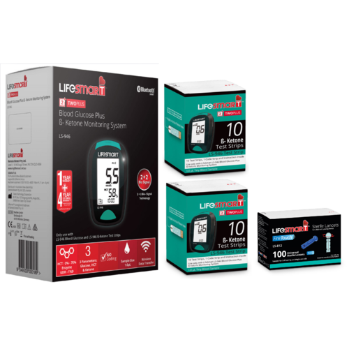 Lifesmart Blood Glucose Ketone Meter LS-946 + 2 Boxes Ketone Test Strips + 1 Box of Lancet [Abbott Optium Neo Ketone Alternative]