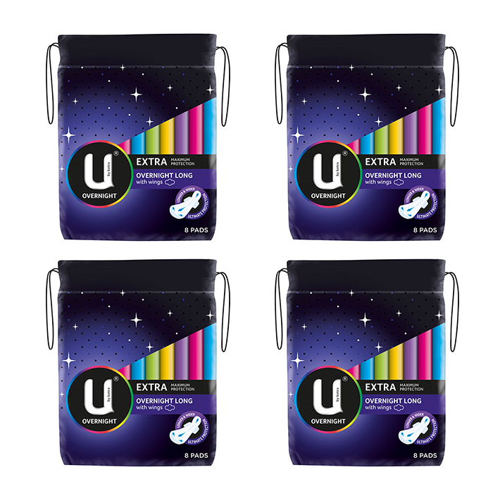 U by Kotex Overnight Maxipad Long Wings Extra 8 Pack [Bulk Buy 4