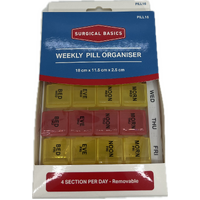 Surgical Basics Pill Box Weekly Pill Planner - 4 Sections Per Day (L17cm x W11.5cm x D2cm)