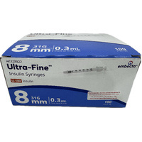 Embecta BD Ultra-Fine II Insulin Syringes 0.3mL 0.25mm (31G) x 8mm 100 Pack