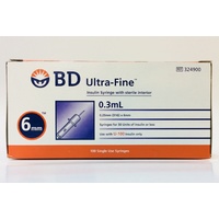 BD Ultra-Fine Insulin Syringes 0.3mL 0.25mm (31G) x 6mm 100 Pack