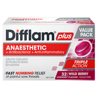Difflam Plus Anaesthetic Sore Throat Triple Action Lozenges Berry Flavour 32 Lozenges