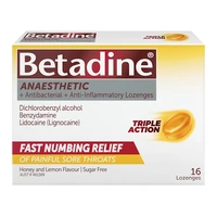 Betadine Anaesthetic+ Antibacterial+ Anti-Inflammatory Lozenges Honey & Lemon 16 Pack