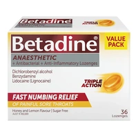Betadine Anaesthetic+ Antibacterial+ Anti-Inflammatory Lozenges Honey & Lemon 36 Pack