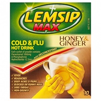 Lemsip Max Cold & Flu Decongestant Honey Ginger 10 Sachets Hot Drink