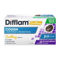 Difflam Soothing Cough + Sore Throat + Blocked Nose Blackcurrant Flavour 32 Lozenges (S2)
