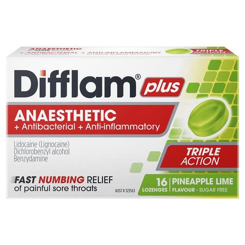 Difflam Plus Sore Throat Lozenges + Anaesthetic Pineapple & Lime 16 Lozenges