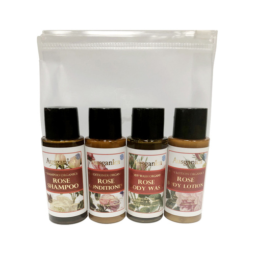 Ausganica Hair & Body Travel Kit Organic Rose 30ml x 4 Pack (Shampoo, Conditioner, Wash & Lotion)