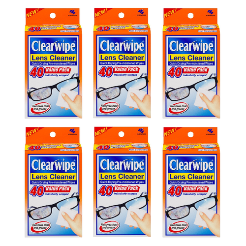 CLEAR WIPE Lens Cleaner 40 Value Pack Quick Drying Pre-Moistened Wipes [Bulk Buy 6 Units]