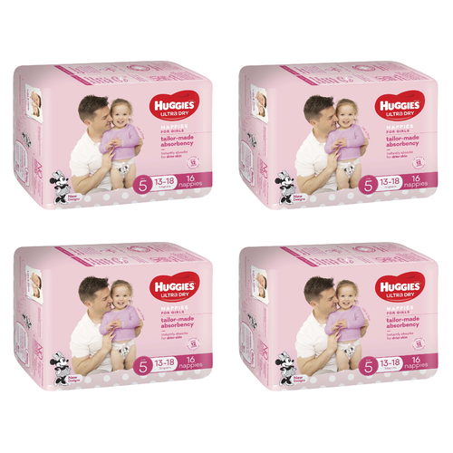 Huggies Ultra Dry Nappies For Girls Walker 13-18kg 16 Pack [Bulk Buy 4 Units]