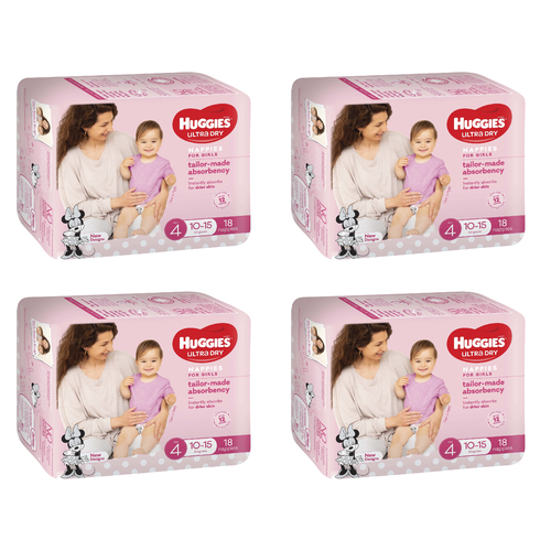 Huggies Ultra Dry Nappies For Girls Toddler 10-15kg 18 Pack [Bulk Buy 4 Units]