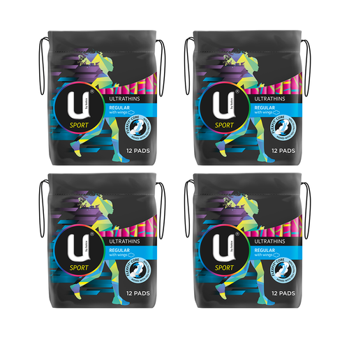U by Kotex Sport Ultrathins Pads Regular Wing 12 Pack [Bulk Buy 4 Units]