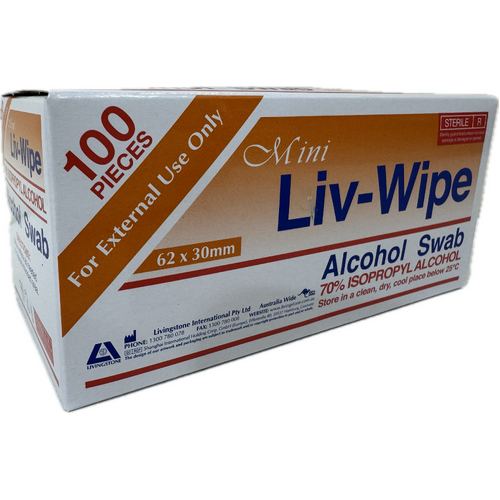 Liv-Wipe Alcohol Wipes Mini Alcohol Swabs (30 x 30mm) x 100 Sheets Box