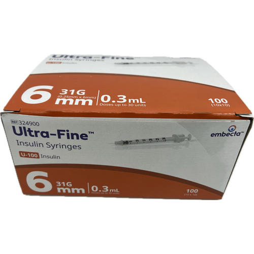 Embecta BD Ultra-Fine Insulin Syringes 0.3mL 0.25mm (31G) x 6mm 100 Pack