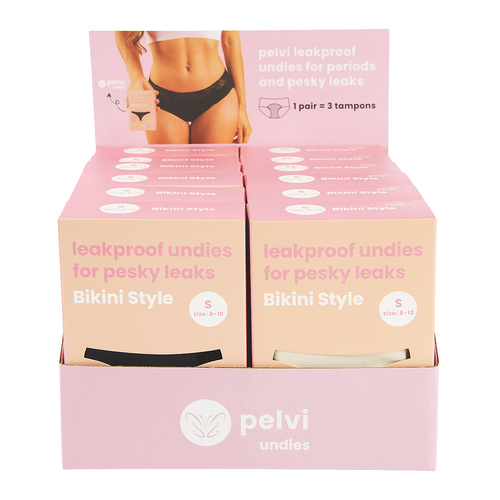 Pelvi Underwear Leakproof Bikini Black Beige Mixed Sizes x 12 Display (contains: all sizes)