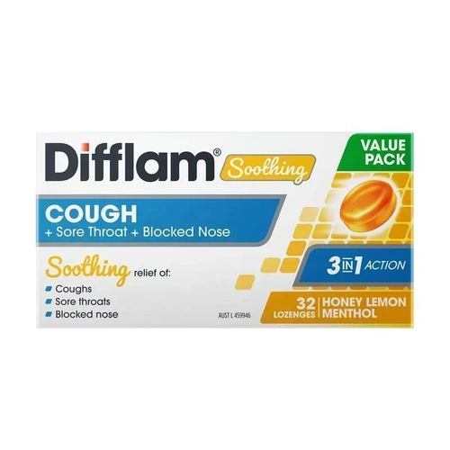 Difflam Soothing Cough + Sore Throat + Blocked Nose Lozenges 32 Honey & Lemon Lozenges