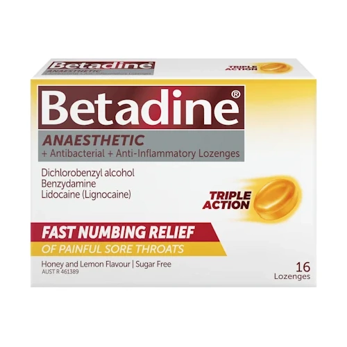 Betadine Anaesthetic+ Antibacterial+ Anti-Inflammatory Lozenges Honey & Lemon 16 Pack