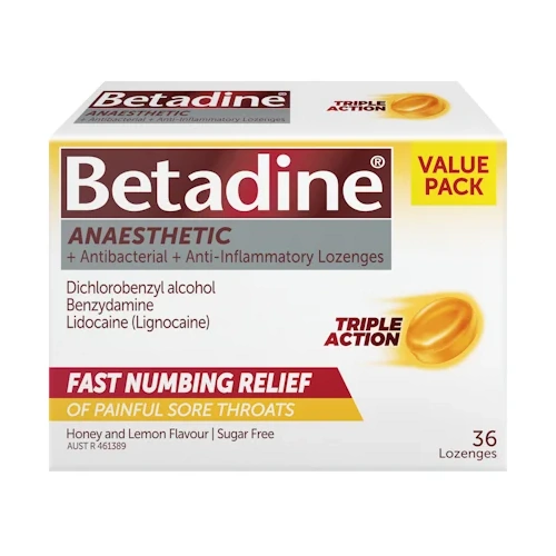 Betadine Anaesthetic+ Antibacterial+ Anti-Inflammatory Lozenges Honey & Lemon 36 Pack
