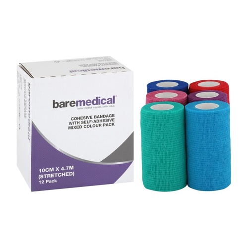 Bandage Cohesive Self Adherent 10cm x 4.7m Colour Pack 12