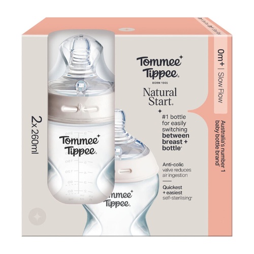 Tommee Tippee Baby Bottles Natural Start Anti-Colic Baby Bottle with Slow Flow Breast-Like Teat 2 Pack 60ml