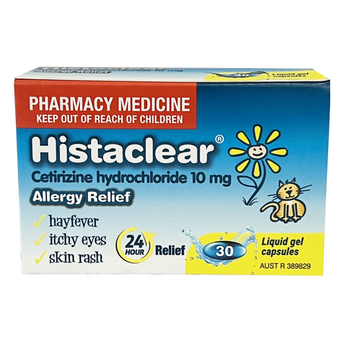 Histaclear Allergy Relief 30 Capsules Hayfever Itchy Eyes Skin Rash Hives (S2)