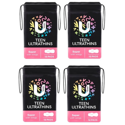 U By Kotex Ultra Thin Teen Super with Wings 12 Pack [Bulk Buy 4 Units]
