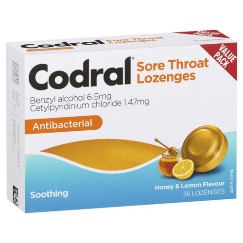 Codral Sore Throat Antibacterial Lozenges Honey & Lemon 36 Lozenges