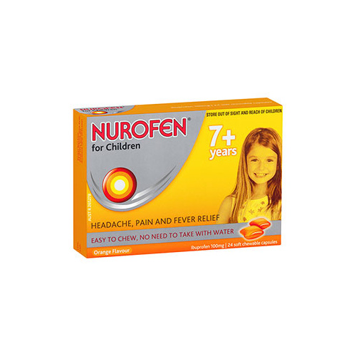 Nurofen Children 7+ Pain & Fever Relief 24 Chewable Capsules Orange 100mg
