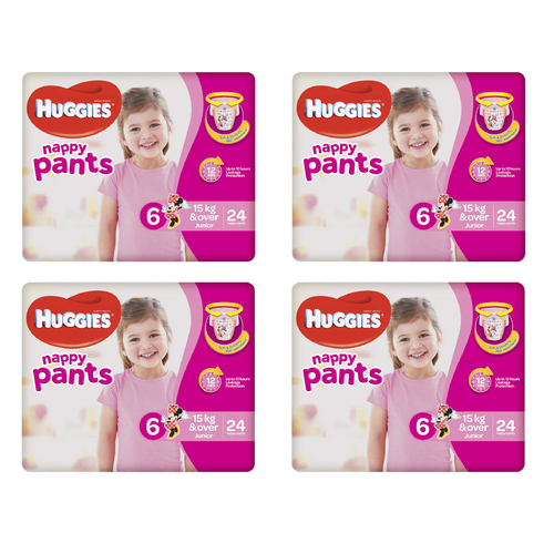 Huggies Junior Nappy Pants For Girls 15kg+ 24 Pack [Bulk Buy 4 Units]