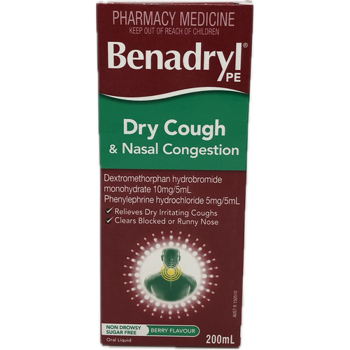 Benadryl PE Dry Cough & Nasal Congestion Non Drowsy Berry Flavour 200mL (S2)