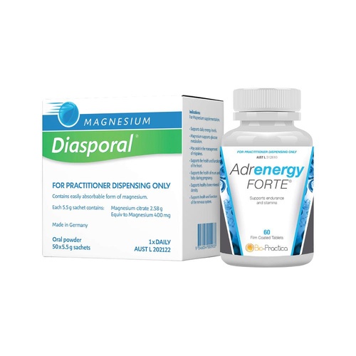 Bio-Practica Energy Combo Pack (Magnesium Diasporal 5.5g x 50 Sachets + Adrenergy Forte 60 Tablets)