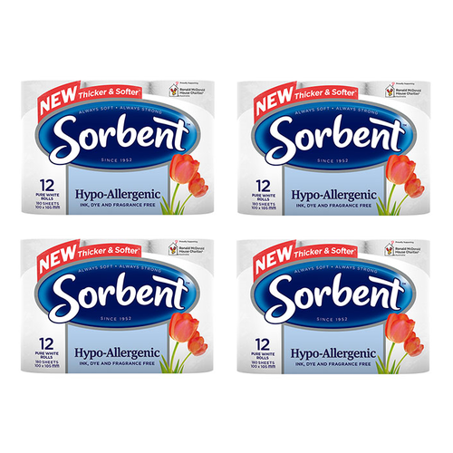 Sorbent Hypo Allergenic Toilet Tissue 12 Rolls [Bulk Buy 4 Units]