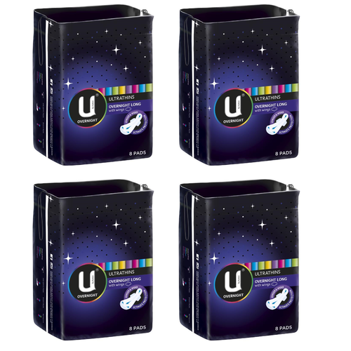 U by Kotex Overnight Ultrathins Long With Wings 8 Pack [Bulk Buy 4 Units]