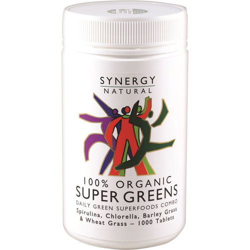 Synergy Natural Organic Super Greens (Spirulina, Chlorella, Barley Grass & Wheat Grass) 1000 Tablets