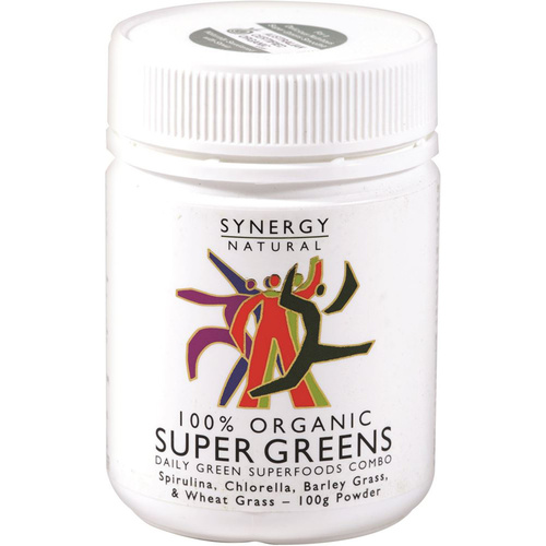 Synergy Natural Organic Super Greens (Spirulina, Chlorella, Barley Grass & Wheat Grass) Powder 100g