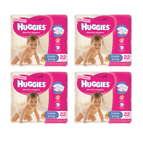 Huggies Ultra Dry Nappies For Girls Crawler 6-11kg 22 Pack [Bulk Buy 4 Units]