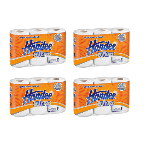Handee Ultra Paper Towels 2ply White 3 Pack [Bulk Buy 4 Units]