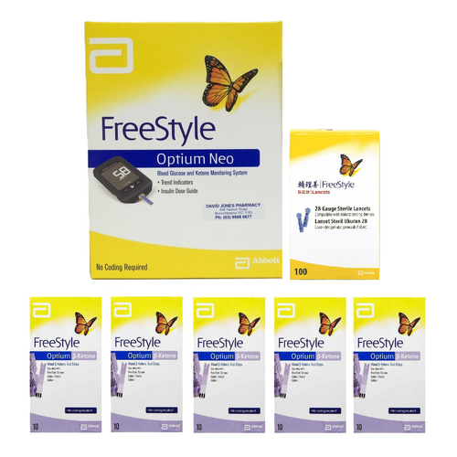 Abbott Freestyle Optium Neo Meter + 5x Boxes Ketone Test Strips + 1x Lancet