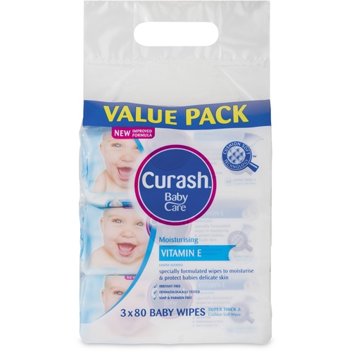 Curash Baby Wipes Vitamin E (3 x 80 packs)