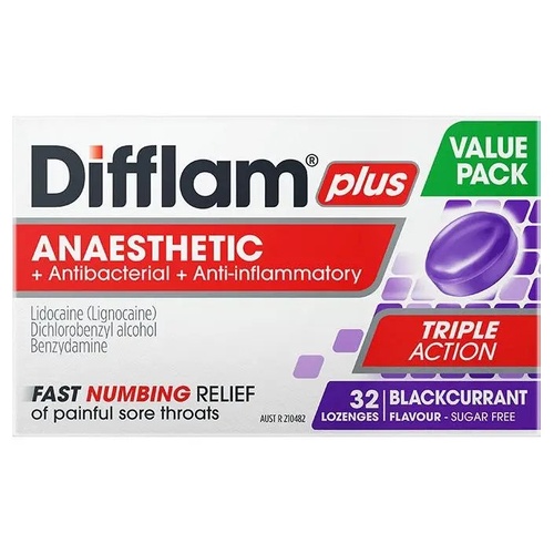 Difflam Plus Anaesthetic Blackcurrant Flavour 32 Lozenges