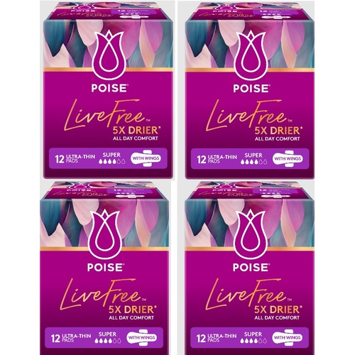 Poise Livefree Super Wing 12 Pads [Bulk Buy 4 Units}