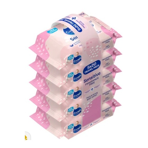 Curash Sensitive Fragrance Free Wipes Travel 5 x 20s Pack