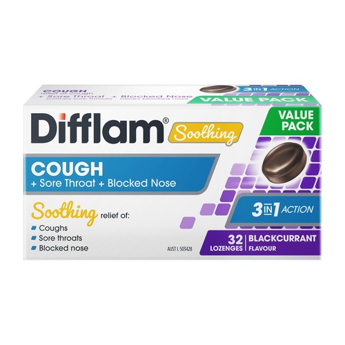 Difflam Soothing Cough + Sore Throat + Blocked Nose Blackcurrant Flavour 32 Lozenges (S2)